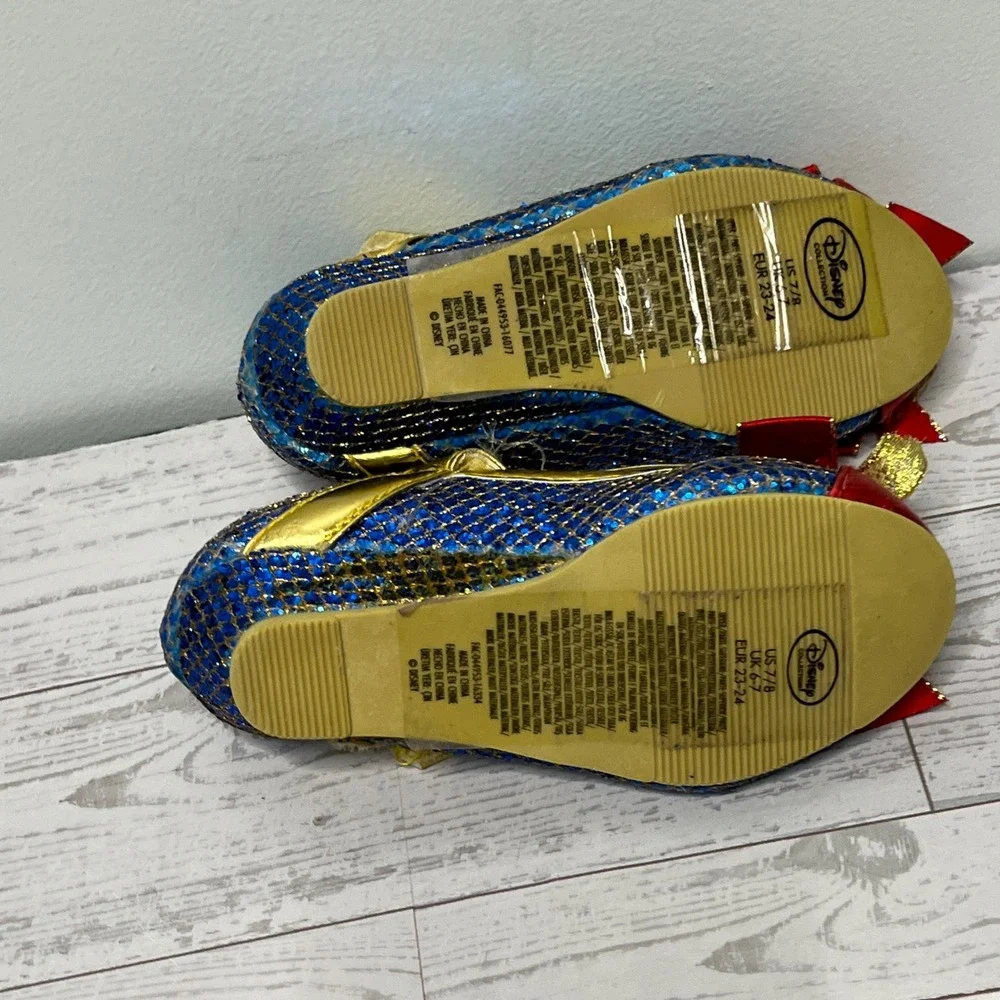 Disney Snow White Girls Blue Glitter Mary Jane Flats Gold Bow Shoes Size 7/8